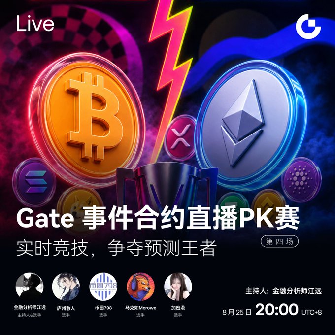 Promotional graphic for a Gate.io live event contract PK competition titled 'Gate 事件合约直播PK赛 第四场' featuring Bitcoin and Ethereum imagery, scheduled for August 25 at 20:00 UTC+8, with participants including financial analyst 江远, 萨州散人, 币圈798, 马克如Mcrowe, and 加密涂.