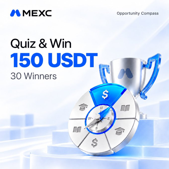 A promotional advertisement for 'MEXC Opportunity Compass' offering a 'Quiz & Win 150 USDT' prize for 30 Winners, featuring 3D graphics of a trophy and a compass.