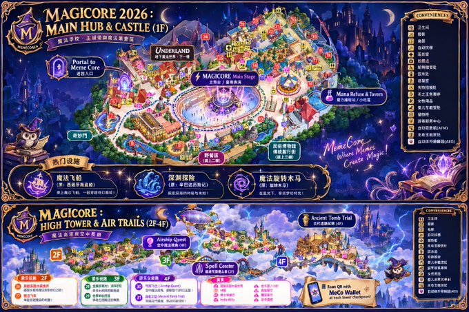 The image is a detailed bilingual (English/Chinese) event map for "MAGICORE 2026" at Lotte World, divided into two sections: the Main Hub & Castle (1F) featuring the Underland Portal, Magicore Main Stage, and Mana Refuse area, and High Tower & Air Trails (2F-4F) showing the Airaibly Quest Hall, Spell Corridor, and Ancient Tomb Trial checkpoints.

This visual guide directly supports the post's announcement about rallying friends to attend the MAGICORE event at Lotte World in Seoul, serving as the "Lotte World challenge guide" referenced in the caption to help attendees navigate the venue's quests, portals, and trial locations.