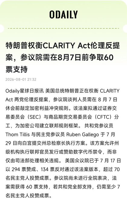 A news article from ODAILY dated 2026-08-01 reports on the CLARITY Act regarding crypto legislation, noting the Senate needs 60 votes by August 7th and the House passed it 294-134 with over 70 Democrats supporting it.