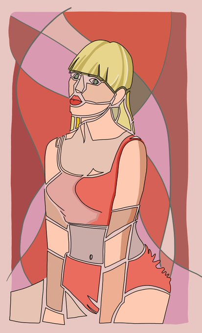 A stylized illustration of a blonde woman wearing a red dress and undergarments, rendered with angular, cubist-inspired lines against an abstract pink and red background.