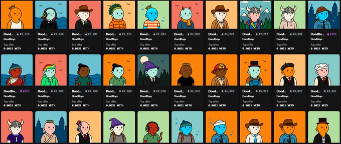 A grid of Doodles NFT collectibles displayed on a marketplace, each showing unique cartoon-style characters with various traits, prices, and #numbers (e.g., #1,720; #7,640; #5,405).