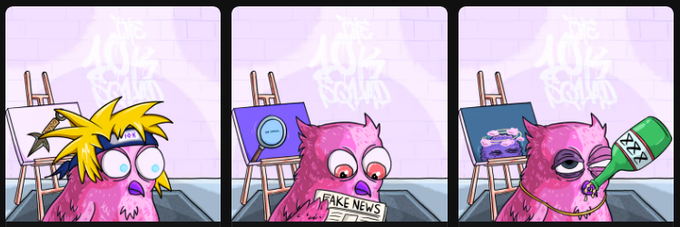 A three-panel cartoon showing a pink character at different stages, with the central panel showing a painting labeled 'FAKE NEWS' and a sign reading '40% REWARD' in the background.