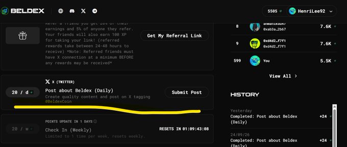 A Beldex (BDX) social platform interface showing a daily posting task on X (Twitter) with the username '@DeDeCoin' highlighted in yellow, alongside user 'HenriLee92' with 5585 balance and a history of completed posts.