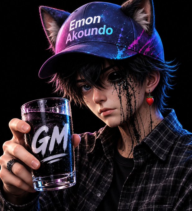 An anime-style digital illustration features a character with cat ears wearing a galaxy-patterned cap reading 'Emon Akoundo' and a plaid shirt, holding a glass marked 'GM' with a dark liquid dripping from their eye. The character wears a strawberry earring and a dark ring, set against a black background.