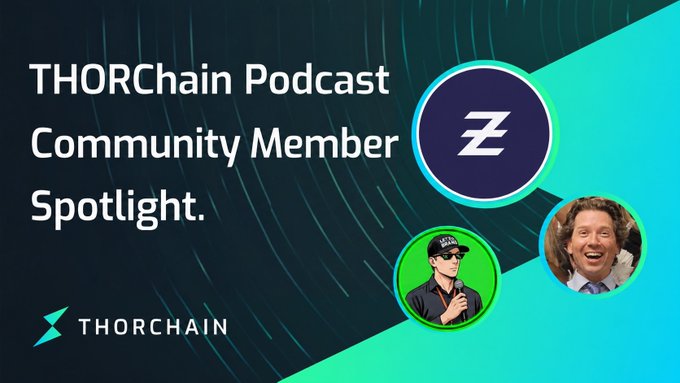 The image features a poster for a podcast called "Thorchain Podcast Community Member Spotlight" with three different people featured, including a man wearing a hat and sunglasses, another person smiling, and a third person looking serious or focused. The poster also includes text that reads "THORCHAIN Podcast Community Member Spotlight".