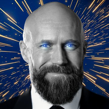 A digitally altered portrait shows a bald, bearded man with glowing blue eyes set against a dramatic blue background with radiating golden light streaks, visually representing a powerful or transcendent figure. The image accompanies news of Cardano Foundation CEO Frederik Gregaard discussing ADA's institutional integration with Fireblocks.