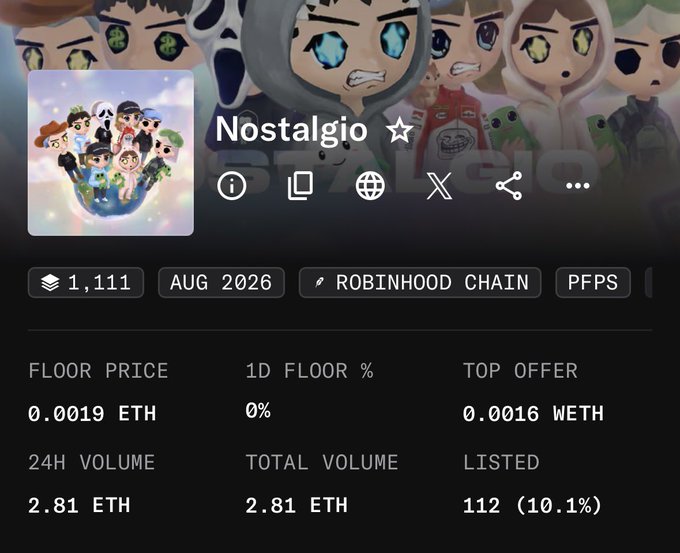 A screenshot of an NFT collection page for 'Nostalgio' shows 1,111 items with a floor price of 0.0019 ETH on the Robinhood Chain.