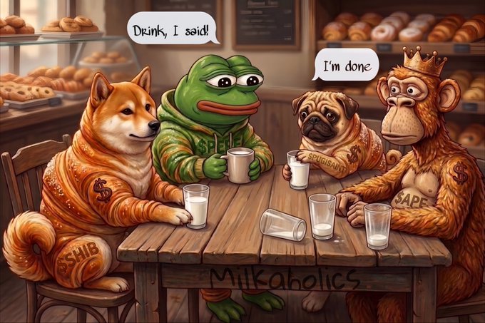 A cartoon illustration of a Shiba Inu, Pepe the Frog, a pug, and a monkey wearing a crown sitting around a table labeled "Milkaholics" in a bakery, with speech bubbles reading "Drink, I said!" and "I'm done".