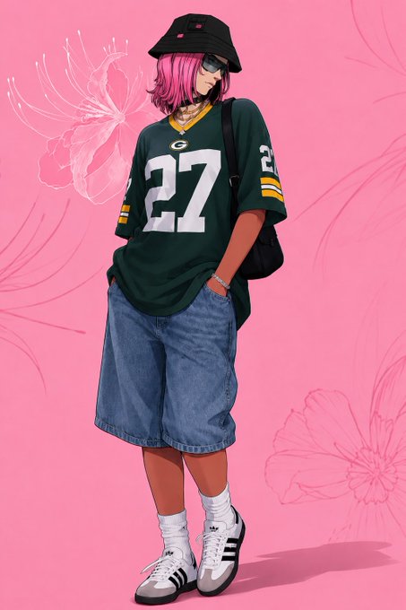An anime-style illustration depicts a girl with pink hair, a black bucket hat, sunglasses, a green jersey numbered '27' with a 'G' logo, baggy denim shorts, and sneakers against a pink background.