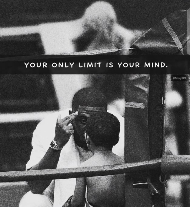 A black and white boxing gym photo with overlaid text reading "YOUR ONLY LIMIT IS YOUR MIND" credited to @TbolySOL.