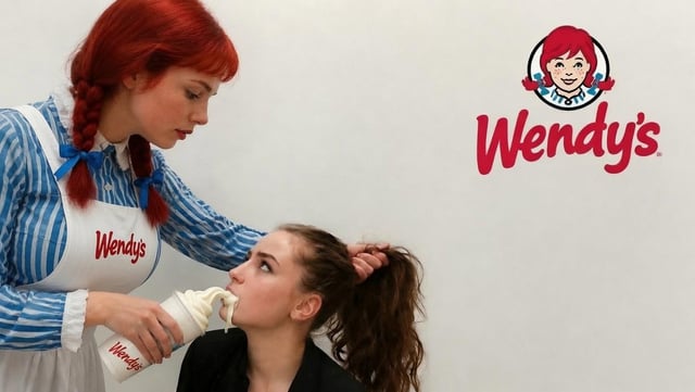 A person dressed as Wendy's mascot with red braided hair feeding a Frosty to a young woman, with the Wendy's logo on the wall.