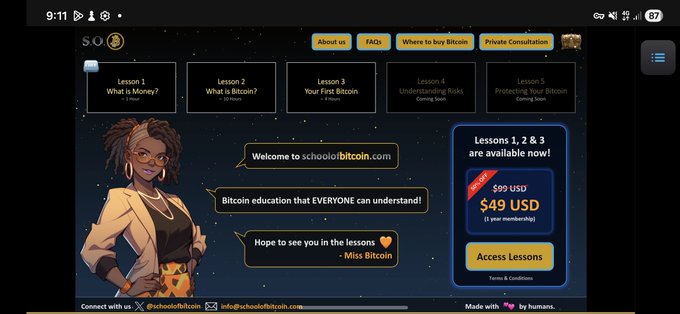 A screenshot of schoolofbitcoin.com showing course lessons on Bitcoin, featuring an illustrated female character, with a pricing offer of $49 USD (discounted from $99 USD) and an 'Access Lessons' button.