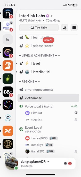 A mobile screenshot of a Telegram app showing the 'Interlink Labs' community with 41,976 members, displaying various channels including 'vietnamese' and an 'Event Local' channel.