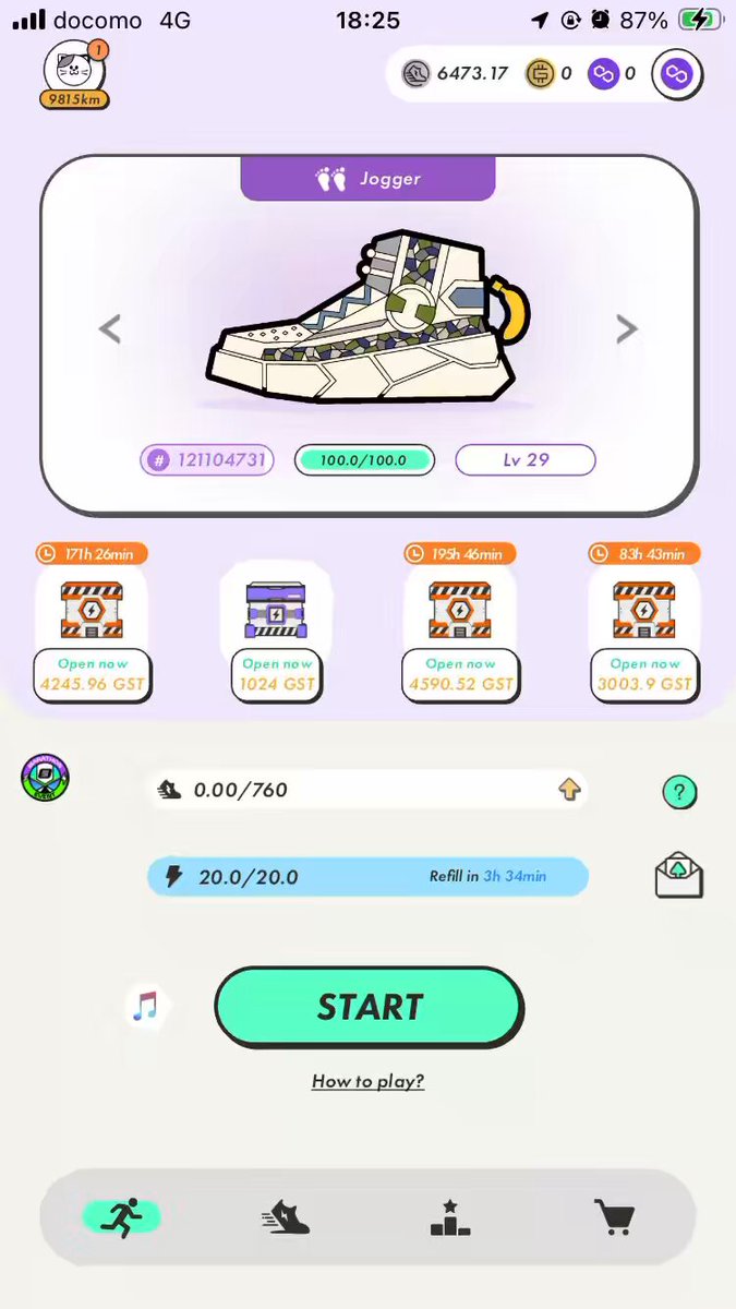 The image shows a phone screen displaying an app called "StepN" with a purple background, white text, and green buttons. The app appears to be designed for fitness tracking or exercise routines. A post has been shared about this app on social media, which is titled "#STEPNサブP-MB Lv.9-10のみ開けることになる（下振れで拾うことはある）ので、餞別を期待したが…?" The post seems to be discussing the app and its features, possibly related to a fitness challenge or workout plan.