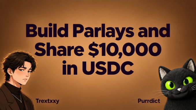 An orange-themed promotional banner with the text 'Build Parlays and Share $10,000 in USDC', featuring a man labeled 'Trextxxy' on the left and a black cat labeled 'Purrdict' on the right.