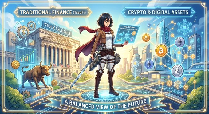 An illustrated graphic depicting a female character in a red scarf standing between two worlds, labeled 'TRADITIONAL FINANCE (TradFi)' featuring a stock exchange and bull, and 'CRYPTO & DIGITAL ASSETS' showing Bitcoin and Ethereum symbols, with the caption 'A BALANCED VIEW OF THE FUTURE'.