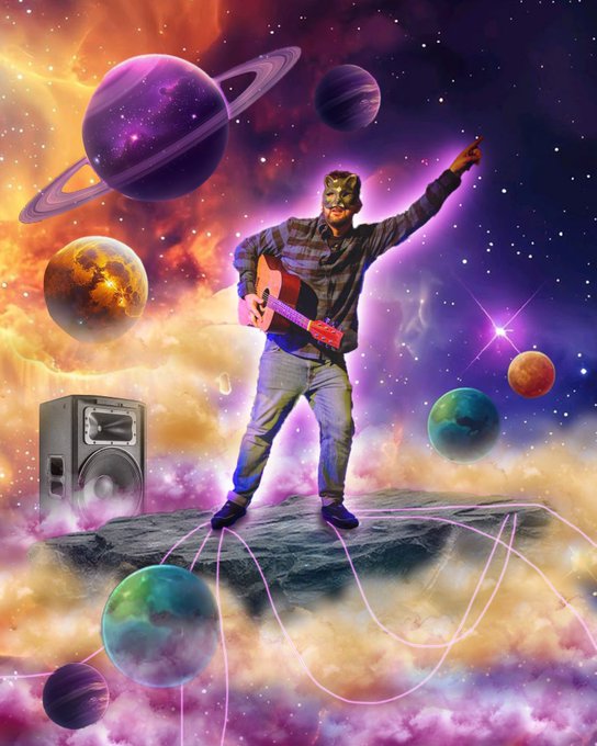 Surreal psychedelic artwork featuring a masked figure holding a red electric guitar, standing on a floating rock amid colorful cosmic clouds, planets, stars, a speaker, and sound wave lines.