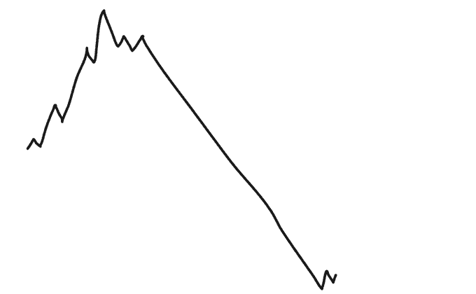 A simple line chart showing a sharp upward spike followed by a long, steady decline to a low point, illustrating the typical pattern of a crypto coin that briefly pumped before crashing. The jagged rise and prolonged downtrend visually represent how most coins on a long-neglected watchlist end up performing.