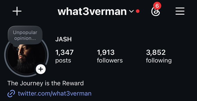 The image shows the Instagram profile page for "what3verman" (JASH), featuring 1,347 posts, 1,913 followers, and 3,852 following, with the bio "The Journey is the Reward" and a link to twitter.com/what3verman. It relates to the post as the user is contemplating changing their Instagram profile picture (PFP) to an NFT, which would replace the current photo of their bearded face with a Creepz NFT.