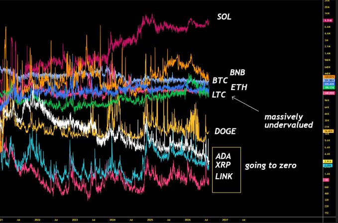 A cryptocurrency price chart from 2021-2027 displays relative performance of major chains, with SOL trending highest, BNB, BTC, ETH, and LTC clustered in the middle (annotated as "massively undervalued"), and DOGE, ADA, XRP, and LINK falling toward the bottom (labeled "going to zero"), visually reinforcing the post's claim that Litecoin is undervalued while ADA/XRP are overvalued.