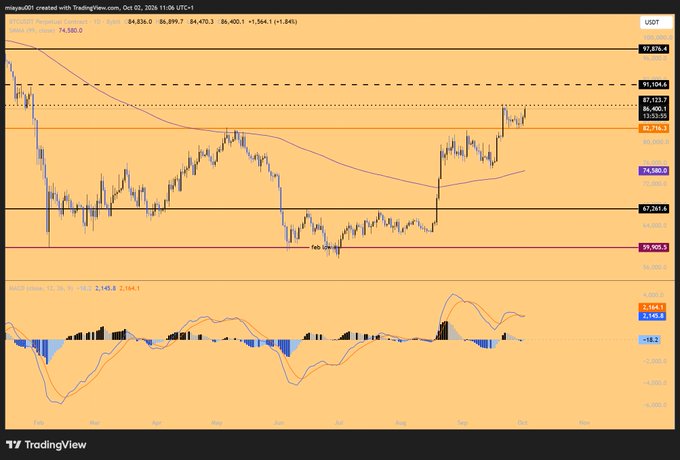 A TradingView chart of the USDCNY Perpetual Contract (USDT) on Binance, showing a price of 74,580.0 with a +1.84% gain, dated October 2, 2024.