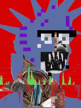 An abstract digital collage with a chaotic mix of red and blue backgrounds, pixelated shapes, distorted facial features including a mustache, and various overlaid textures.
