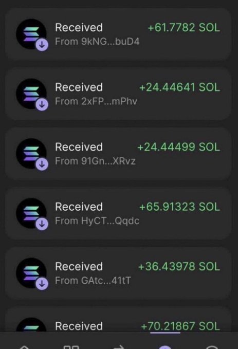 A cryptocurrency wallet transaction history on a mobile app, showing multiple incoming SOL transfers from various sender addresses, ranging from approximately +24.44 to +70.21 SOL.
