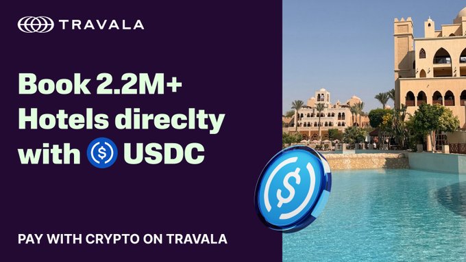 A Travala advertisement promotes booking over 2.2 million hotels and luxury resorts worldwide with USDC, featuring a blue USDC token beside a resort pool. It highlights crypto payments on Travala and references the accompanying AVA Foundation Smart Program post.