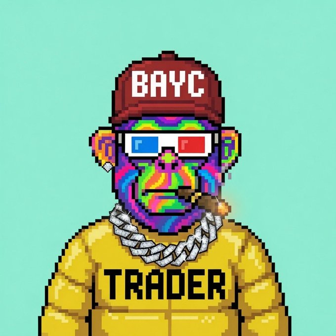 A pixel art image of a colorful monkey wearing a maroon "BAYC" cap, 3D glasses, a "TRADER" yellow puffer jacket, and smoking a cigar with a chain necklace, aligning with the post's "Good morning #BAYC" greeting to the Bored Ape Yacht Club community.