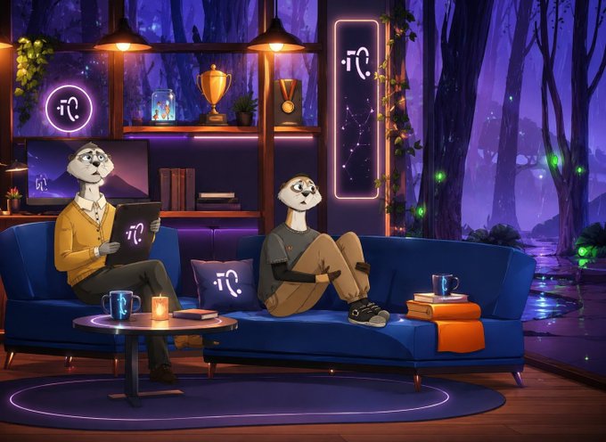 The image features two cartoon animals sitting on blue couches, with one holding a laptop computer. The scene takes place in an office setting that has purple walls and a window overlooking trees outside. A person can be seen working at their desk next to the animals. The overall atmosphere suggests a workspace where technology is used for both work and leisure activities.