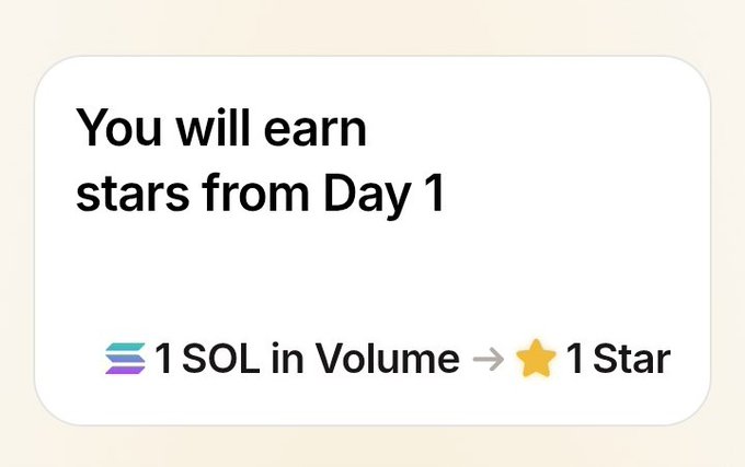 The image is a promotional graphic with the text "You will earn stars from Day 1" and a conversion rate showing "1 SOL in Volume → 1 Star," relating to the post by advertising a star-based airdrop system where users earn rewards based on trading volume.