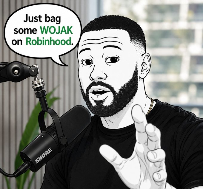A black-and-white illustrated meme featuring Drake sitting in front of a Shure microphone, saying "Just bag some WOJAK on Robinhood." The cartoonish drawing plays on internet meme culture to playfully promote investing in the WOJAK token via Robinhood, fitting the post's GM greeting to @RobinhoodCrypto and @vladtenev.
