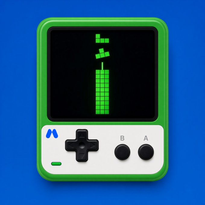 A green handheld gaming device displays a Tetris-like game where green blocks are stacking into a tower, with the caption "Things will fall into place. GM" playing on the classic "Good Morning" greeting while referencing how the game pieces literally need to fall and align correctly.