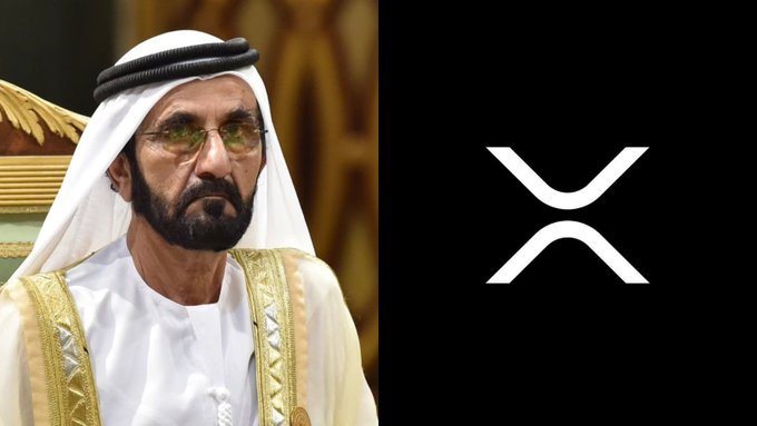 The image is split, showing Dubai's ruler Sheikh Mohammed bin Rashid Al Maktoum in traditional Emirati attire on the left, alongside the XRP logo on the right, visually linking the Dubai government's approval of XRP-based salary payments with the cryptocurrency's branding.
