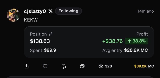 A social media post by user cjslatty0 showing a trading position of $138.63 with a profit of +$38.76 (38.8%), spent $99.9 with an avg entry market cap of $28.2K, marked at $39.2K MC.