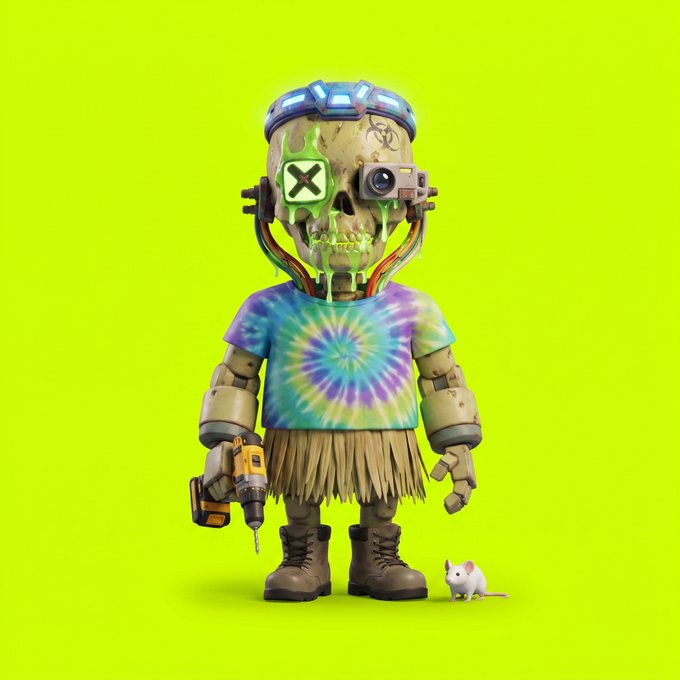 A 3D rendered cyberpunk-style figure features a skull head with green slime, an X-shaped eyepatch, and a camera lens, wearing a tie-dye shirt and grass skirt while holding a power drill, with a small white mouse at its feet on a bright green background.