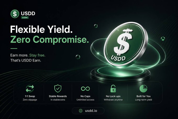 A digital advertisement for USDD cryptocurrency promoting 'Flexible Yield. Zero Compromise,' with features including 1:1 Swap, Stable Rewards, No Caps, No Lock-ups, and Built for You, directing users to usdd.io.