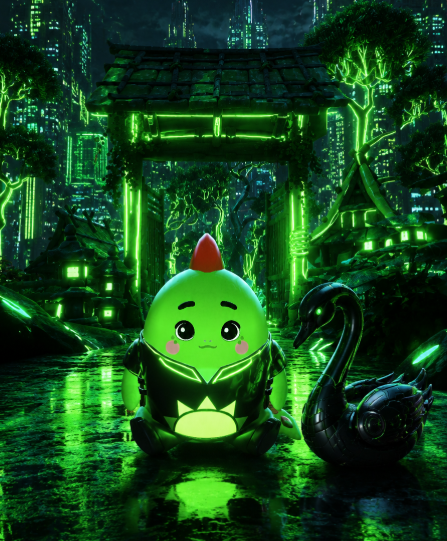 A neon-green themed digital artwork featuring a small round character with a red crest beside a black swan, set against a glowing Japanese-style torii gate and village.