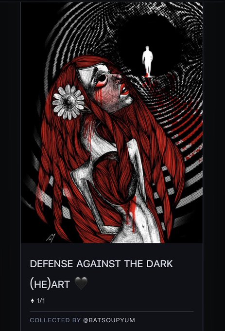 Dark digital artwork titled 'DEFENSE AGAINST THE DARK (HE)ART' showing a red-haired figure with a flower in her hair and a small white silhouette in a swirling vortex, collected by @BATSOUPYUM.