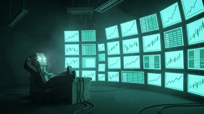 A low-poly trader sits at a desk surrounded by glowing monitors displaying upward-trending charts and candlestick patterns, bathed in eerie teal light. The scene visually captures the suspenseful "Reveal is live" moment, as the figure watches a wall of climbing graphs and data tickers—mirroring the anxious anticipation of traders checking their brokers for the next token hype cycle.