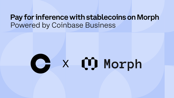 Promotional graphic reading “Pay for inference with stablecoins on Morph” and “Powered by Coinbase Business,” featuring Coinbase and Morph logos. It illustrates Morph’s Coinbase Business partnership to enable USDC and USDT payments for AI inference across 6 networks, with no gas fees, 500+ wallets supported, and potentially 57% lower costs than cards.
