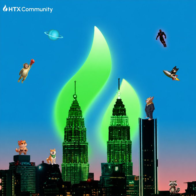A promotional graphic for HTX Community featuring the Petronas Twin Towers illuminated in green against a blue sky, with various Shiba Inu dog and Iron Man characters flying around, plus a Saturn-like planet.