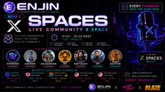 A promotional graphic for "ENJIN SPACES: LIVE COMMUNITY X SPACE" on May 5th at 17:00 UTC, featuring the Enjin logo, X Spaces branding, and several guest profile icons including "BLAZE" and references to Enjin, Spark, Beam, and Efinity blockchain ecosystems, aligning with the post's announcement of a discussion on building thriving community ecosystems.