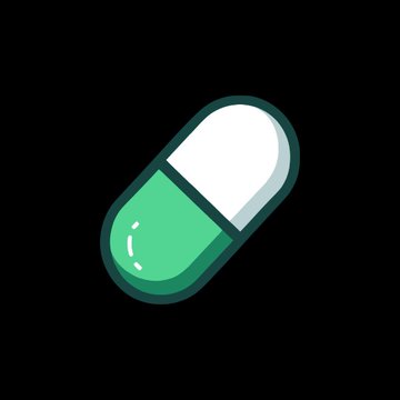 A simple cartoon illustration of a green and white capsule pill on a black background.