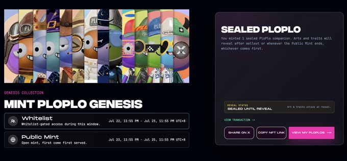 A promotional graphic for the Ploplo Genesis NFT mint event, featuring a row of colorful cartoon characters labeled "MINT PLOPLO GENESIS" with a Whitelist window from Jul 22-23 and Public Mint on Jul 23-25, alongside details for "SEALED PLOPLO" with a view transition button. The image relates to the post as it shows the official mint announcement page for minting a Ploplo Genesis NFT like #407.