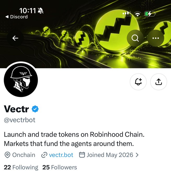 A screenshot of the Twitter/X profile for Vectr (@vectrbot), verified and tagged "Onchain," with only 25 followers and a bio about launching tokens on Robinhood Chain—matching the post's claim of an early alpha drop at 25 followers for a free mint NFT launchpad.
