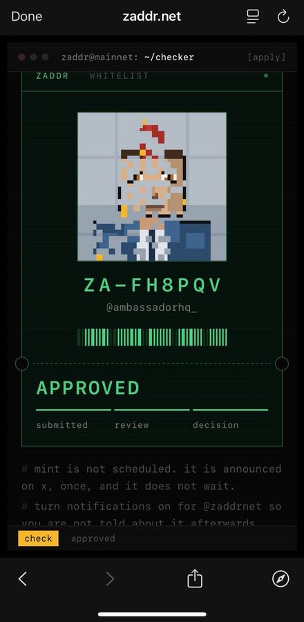 A screenshot of zaddr.net showing an approved Zaddr NFT (ZA-FH8PQV) with a pixel art portrait, username @ambassadorhq_, barcode, and status labels including 'submitted', 'review', and 'decision'.