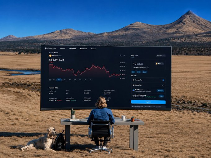 A person sits at a desk in an open field with mountains in the background, viewing a Bitcoin trading screen showing BTC at $65,946.21 with a downward chart trend, while a dog rests nearby—creating a surreal contrast between peaceful nature and crypto market volatility.