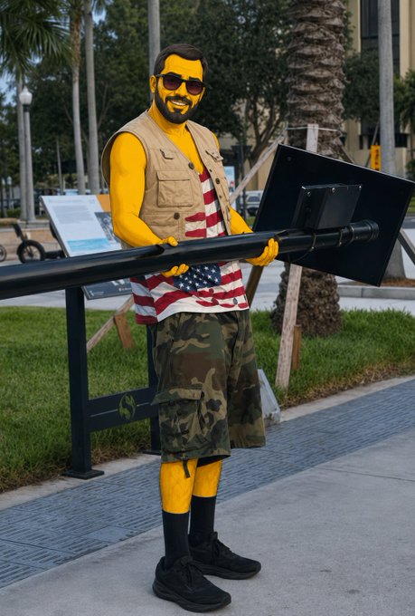 A man painted entirely in yellow, wearing sunglasses, a tan vest, American flag shirt, and camouflage shorts, holds what appears to be a large flat-screen TV on a park pathway. The image humorously pairs with the post's message by showing someone with "free time" (due to $XRP being down) carrying a heavy object, playfully illustrating the call to volunteer and help the local community.